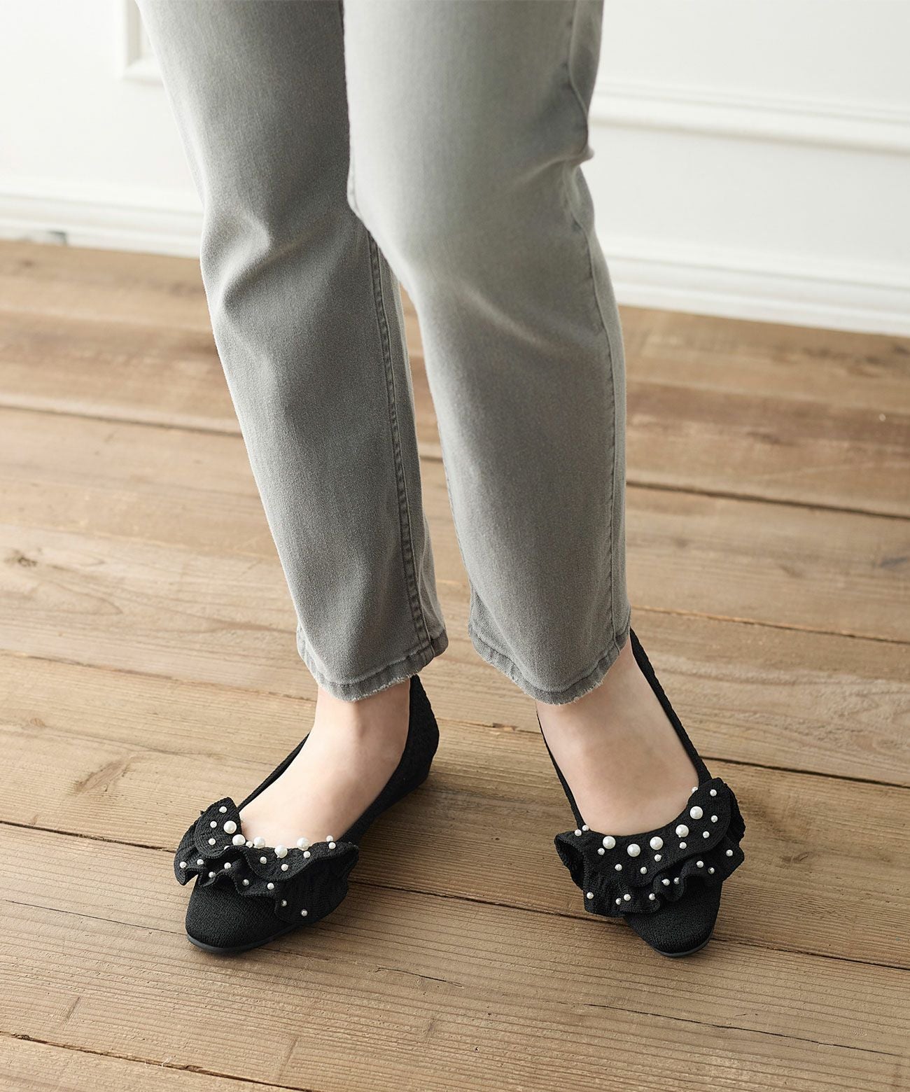 【あ】Offen　パール付きニットパンプス フラットシューズ 37 黒 パール付きリボンニットフラットパンプス | andex shoes product