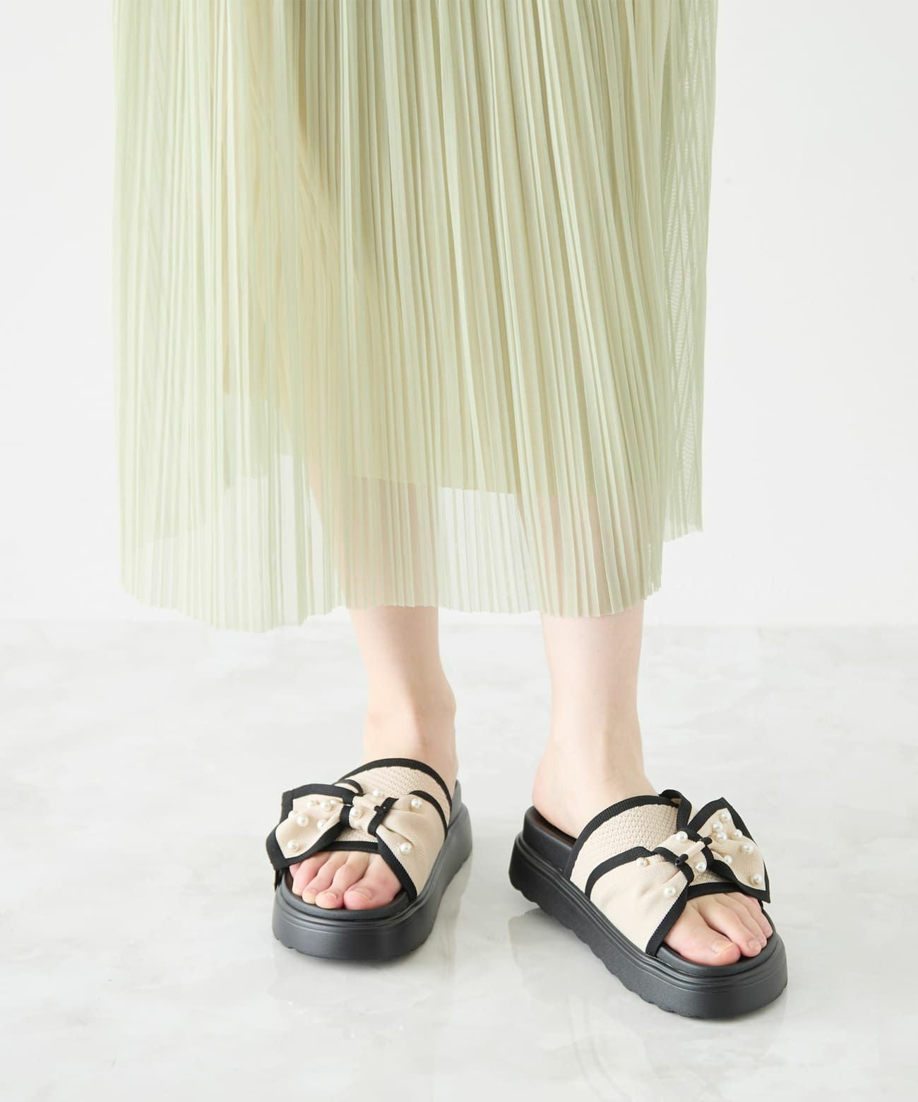 HILLS AVENUE リボン付き厚底サンダル 厚底 パールリボン ニットサンダル | andex shoes product ONLINE STORE