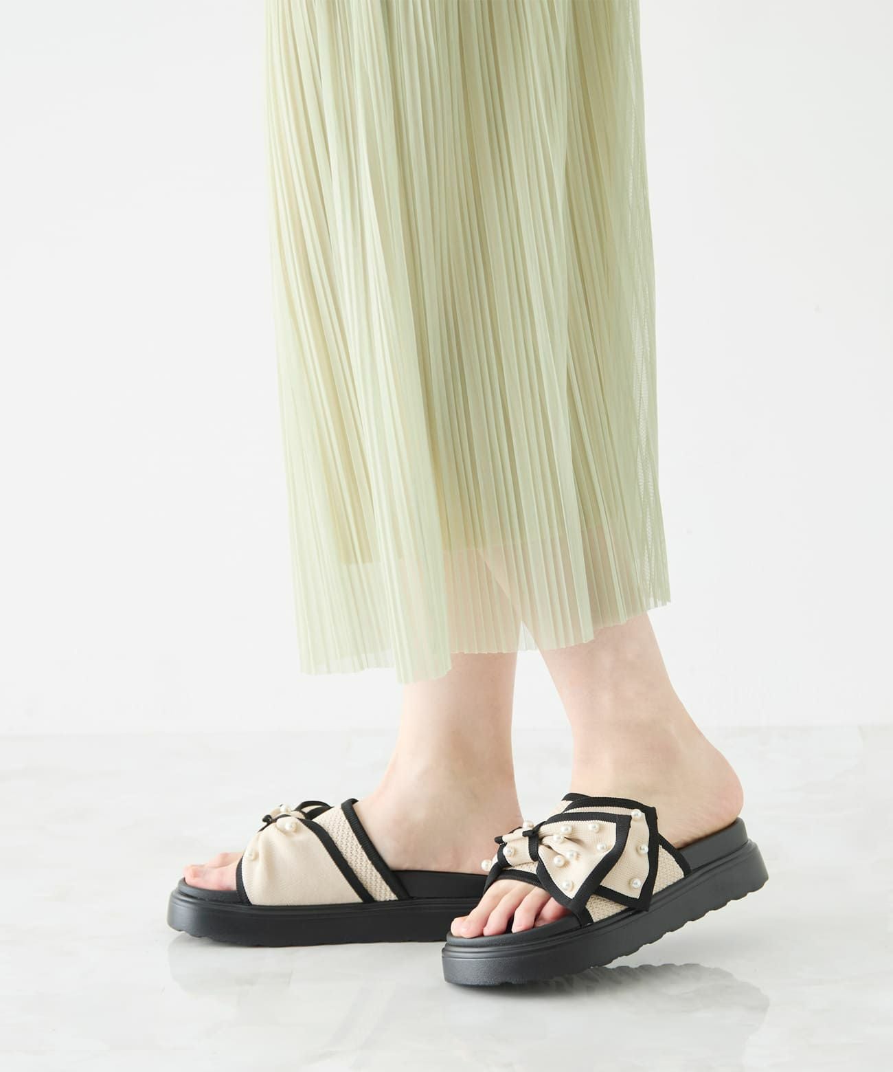 厚底 パールリボン ニットサンダル | andex shoes product ONLINE STORE