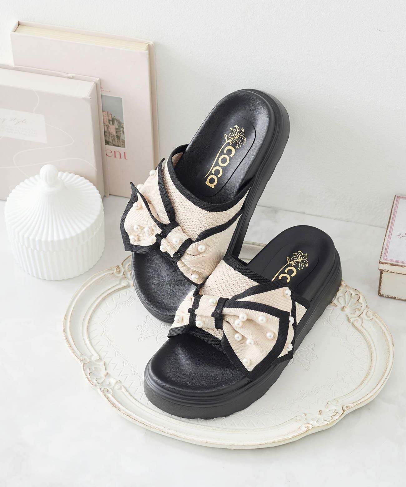 厚底 パールリボン ニットサンダル | andex shoes product ONLINE STORE