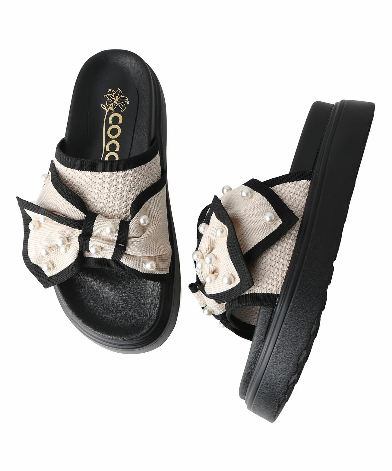 厚底 パールリボン ニットサンダル | andex shoes product ONLINE STORE