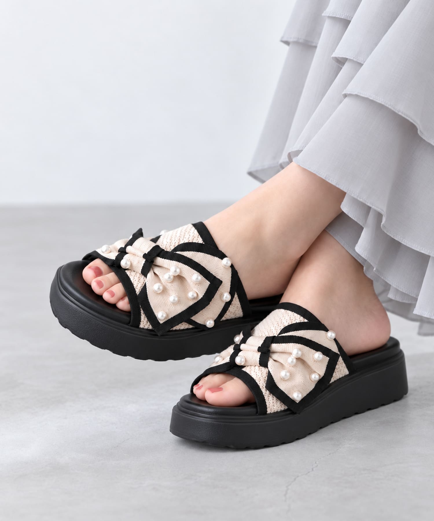 厚底 パールリボン ニットサンダル | andex shoes product ONLINE STORE